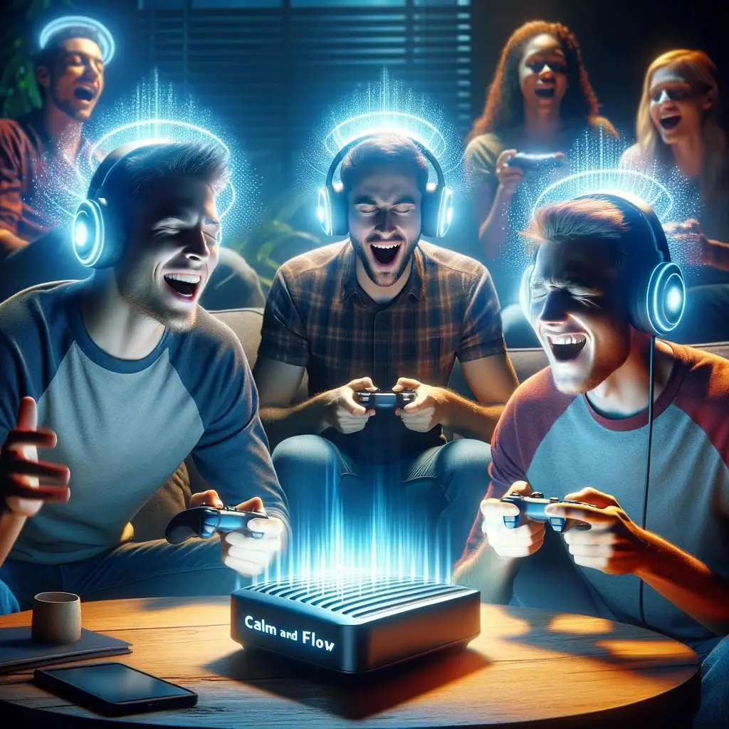 gamingDALL·E 2024-03-21 20.25.19 - Consumers at home or in entertainment venues experiencing enhanced music and gaming through Calm and Flow. The scene shows individuals or groups, engr