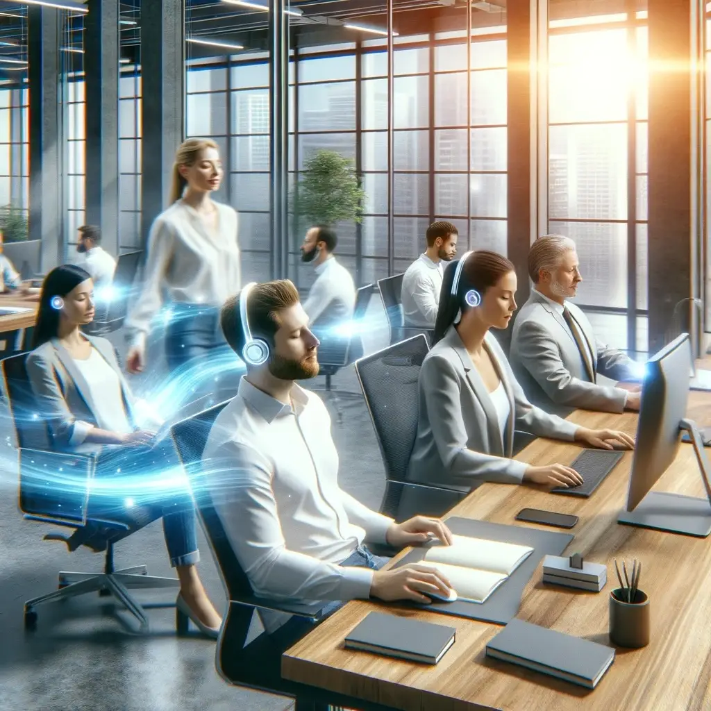 work DALL·E 2024-03-21 20.24.57 - An image illustrating a dynamic office environment where employees are visibly more relaxed and focused, some wearing the Calm and Flow device. The of